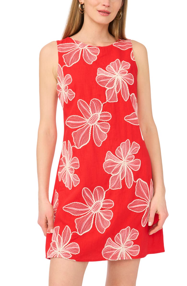 Vince Camuto Embroidered Floral Sleeveless A-Line Dress, Alternate, color, Lobster Red