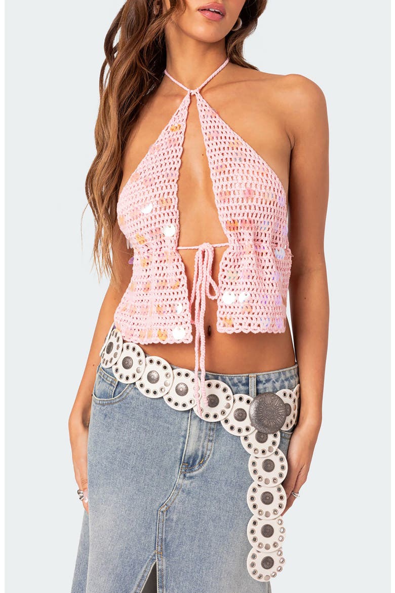 Backless Paillette Crochet Halter Top, Main, color, PINK