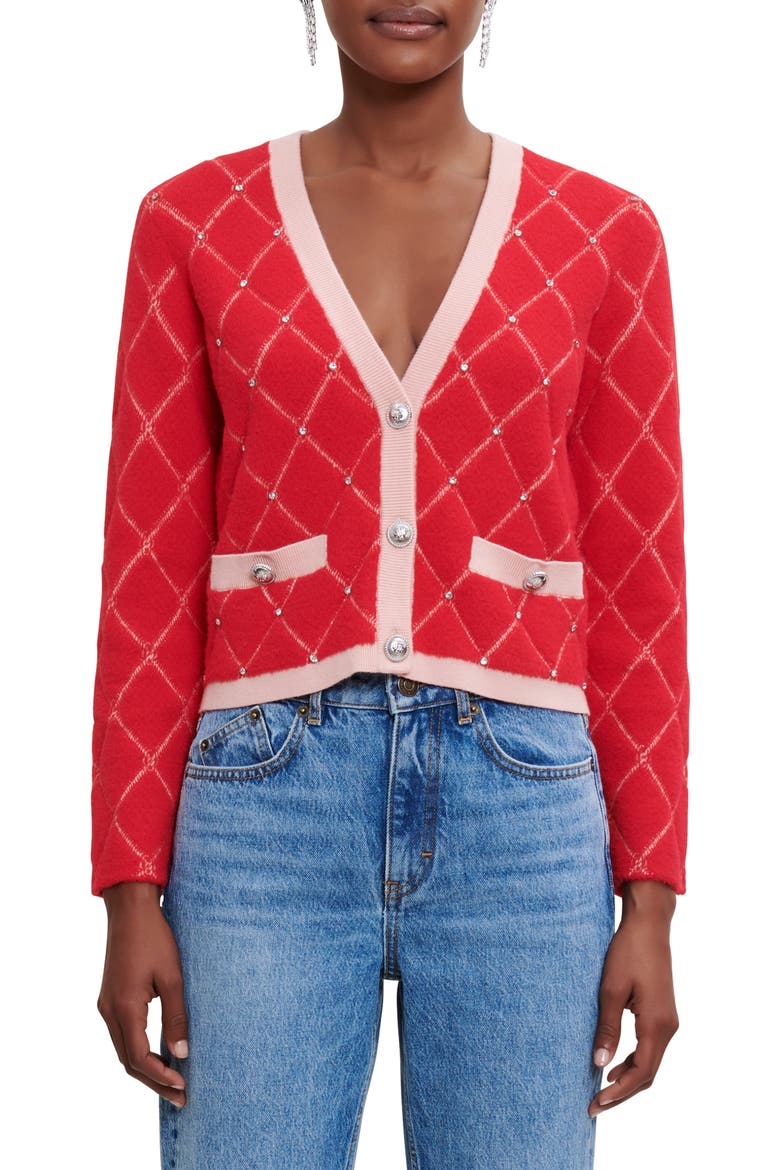 Marguerity Rhinestone Quilted Cardigan, Main, color, RED