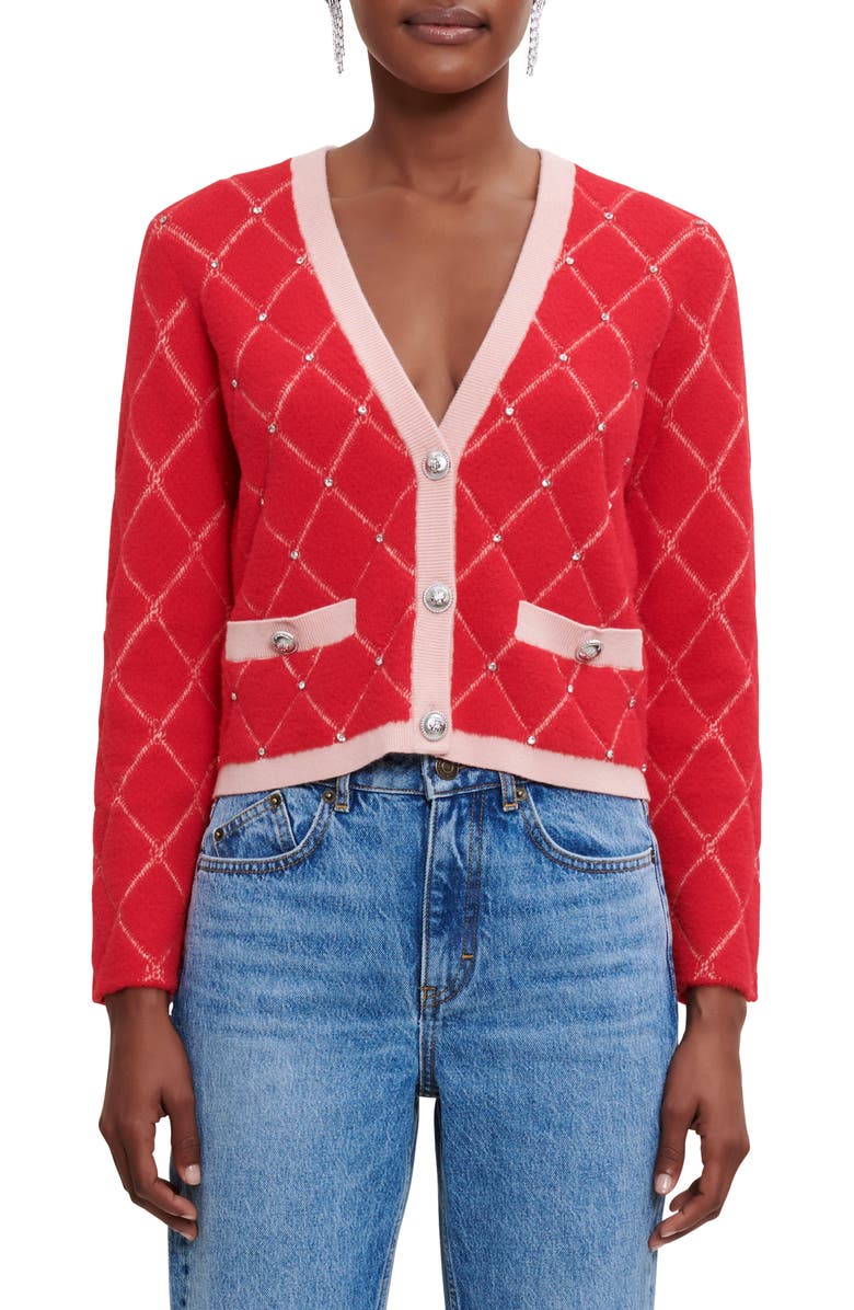 maje Marguerity Rhinestone Quilted Cardigan, Main, color,