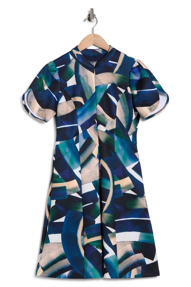 Print Fit and Flare Dress, Alternate, color, BLUE MULTI
