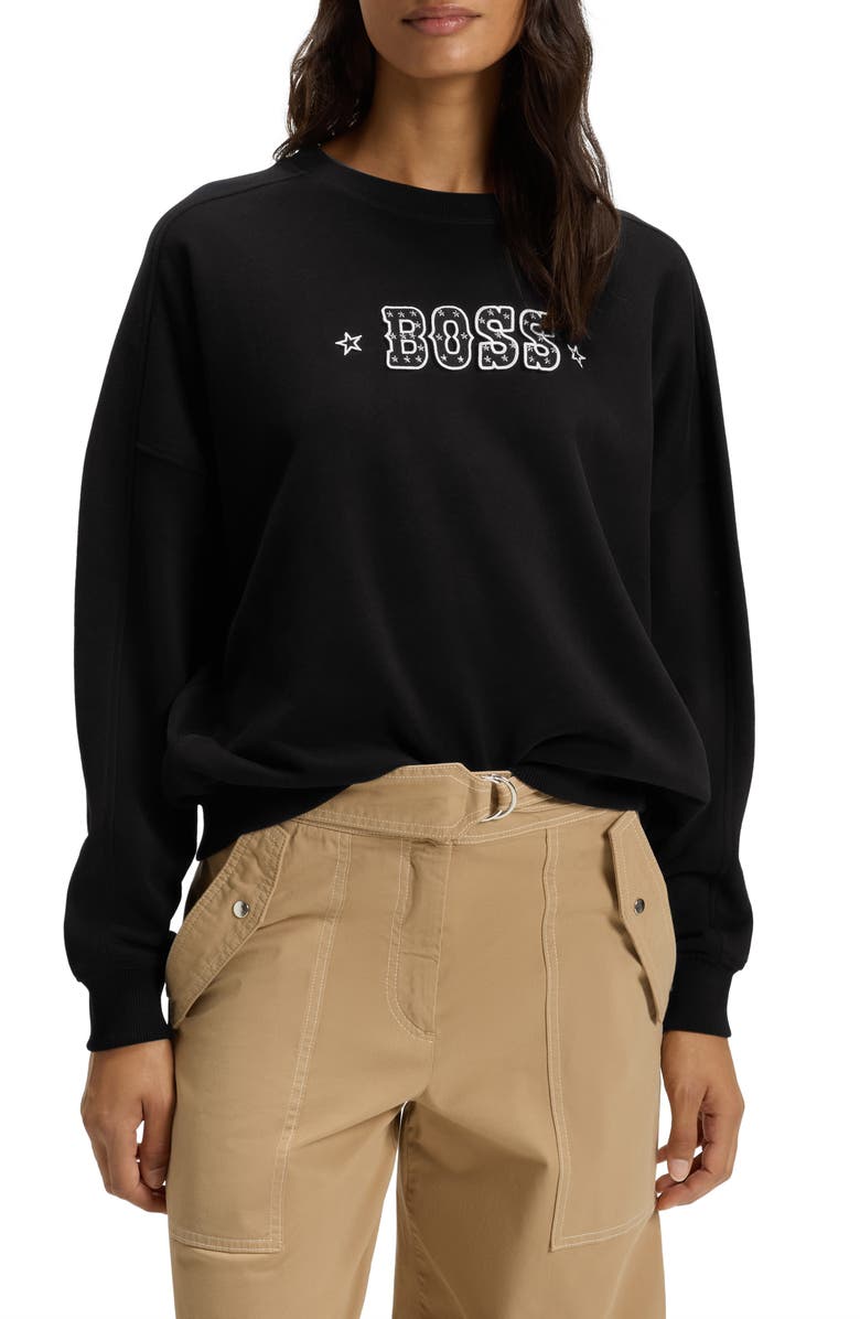 BOSS Orange Star Logo Embroidered Sweatshirt, Main, color, Black