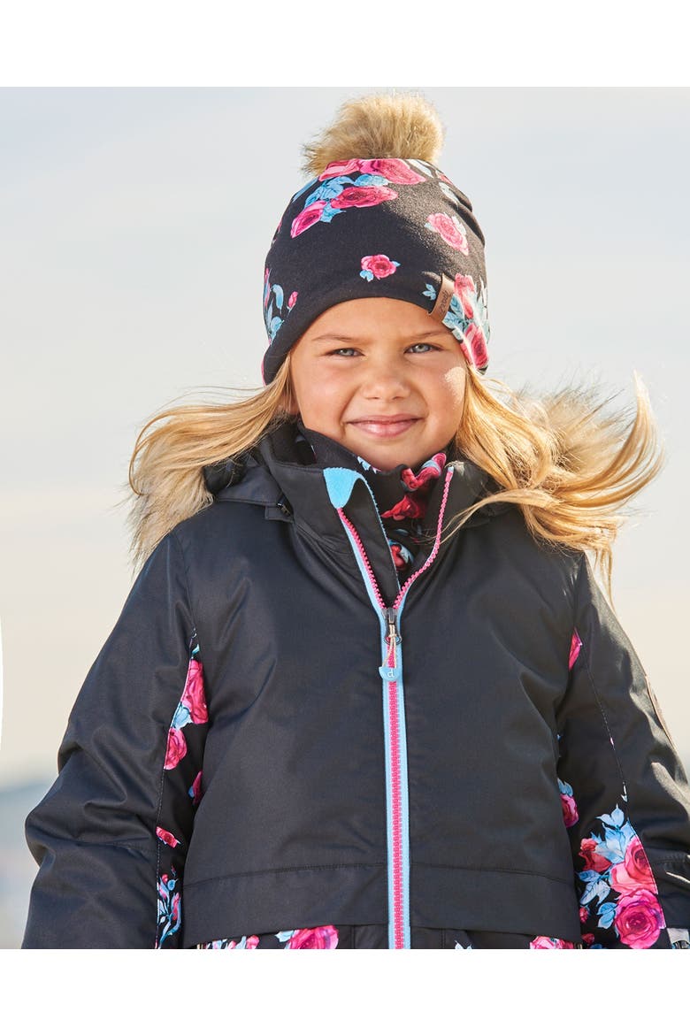 Baby Girl's Mid-Season Jersey Detachable Pompom Hat Black Printed Roses, Alternate, color, Printed Roses
