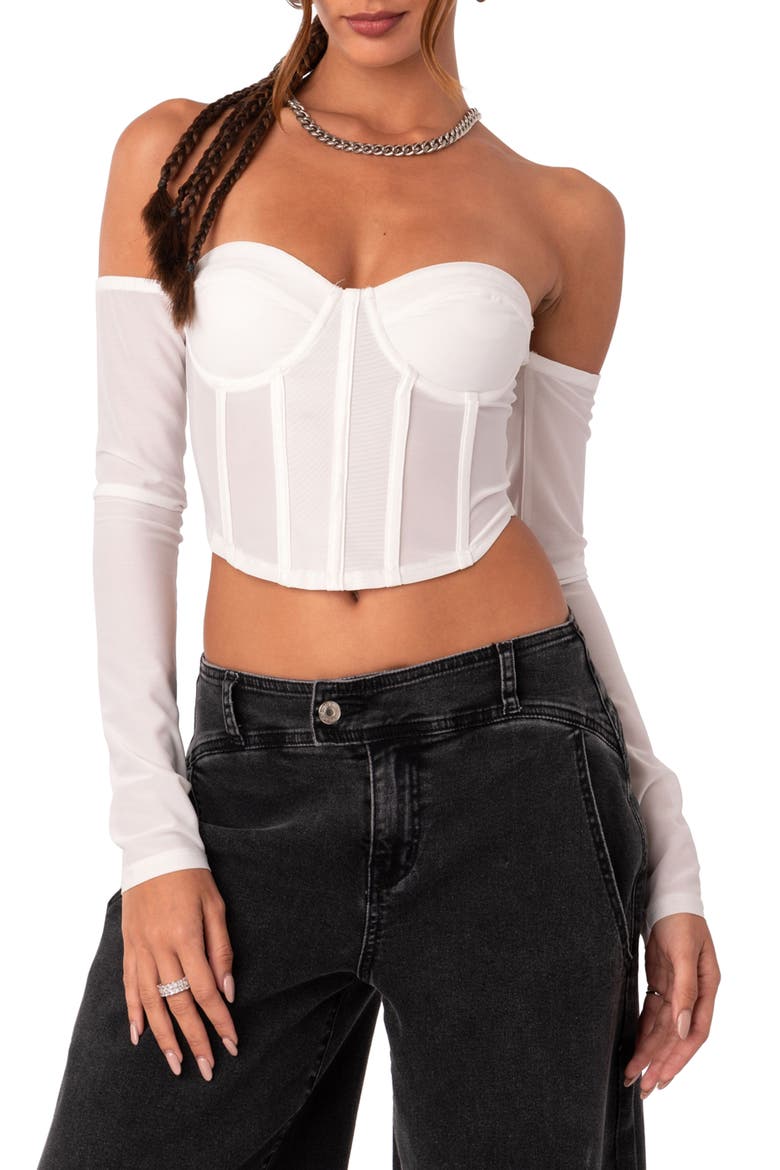 Cella Mesh Corset Crop Top with Long Sleeves, Main, color, WHITE