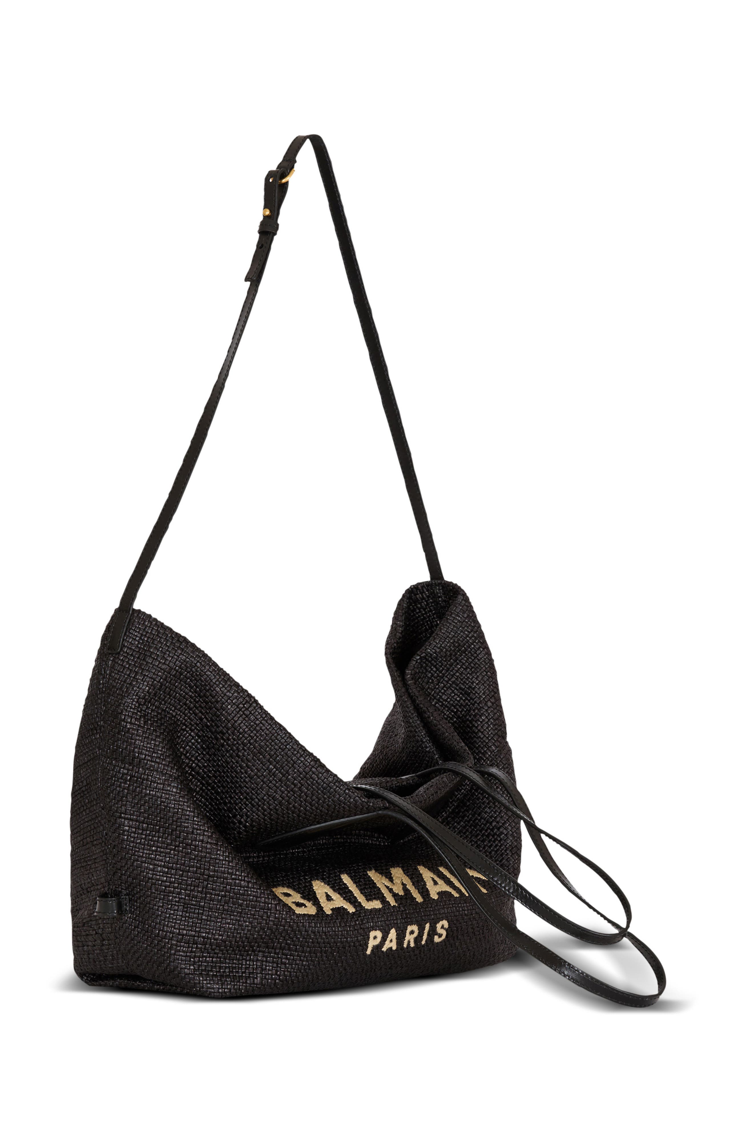 Balmain Track tote bag in raffia and calfskin, Alternate, color, Black