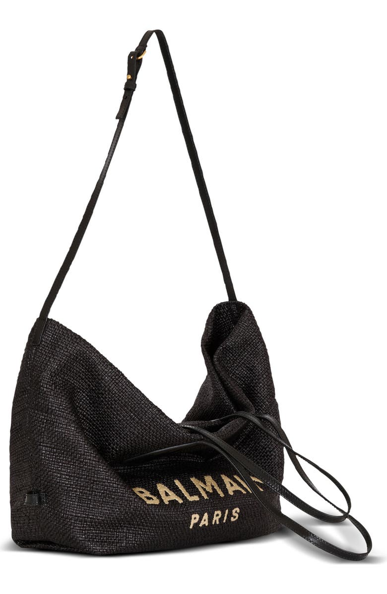 Balmain Track tote bag in raffia and calfskin, Alternate, color, Black