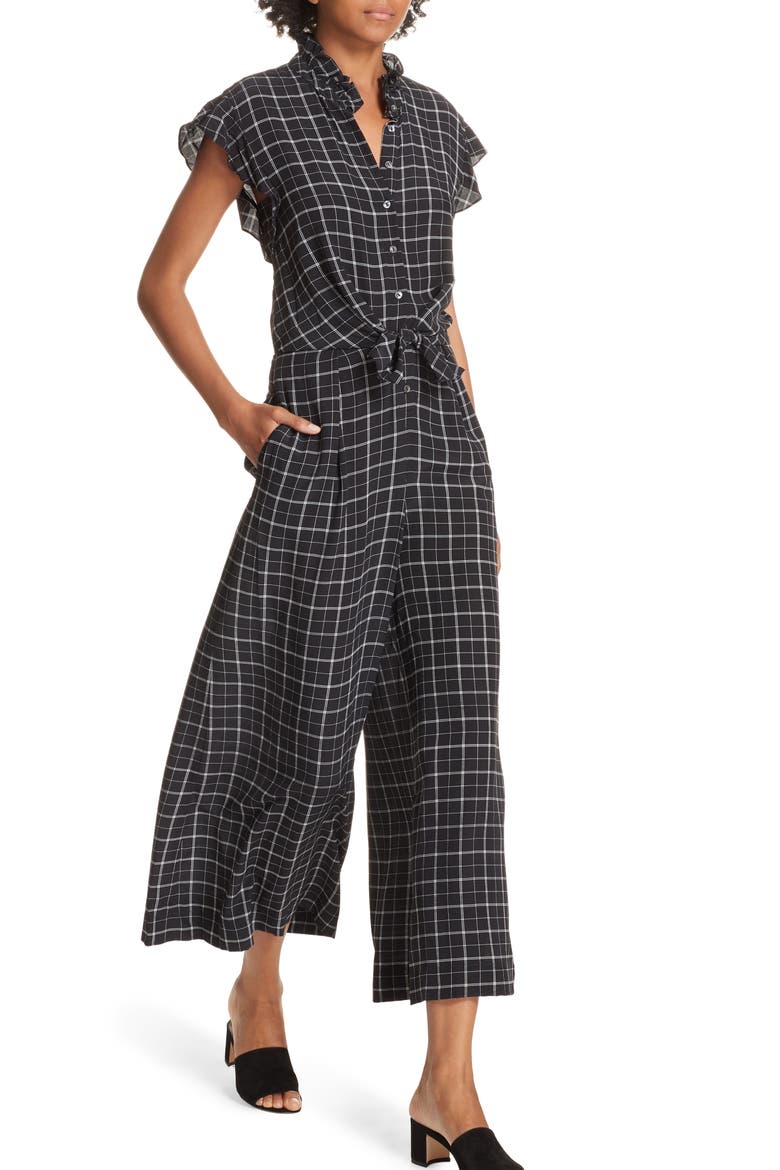 Plaid Silk Jumpsuit, Alternate, color, BLACK