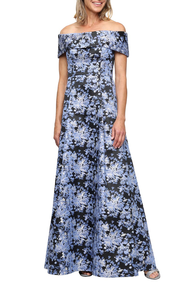 Alex Evenings Floral Jacquard Off the Shoulder Gown, Main, color, Black/Cornflower