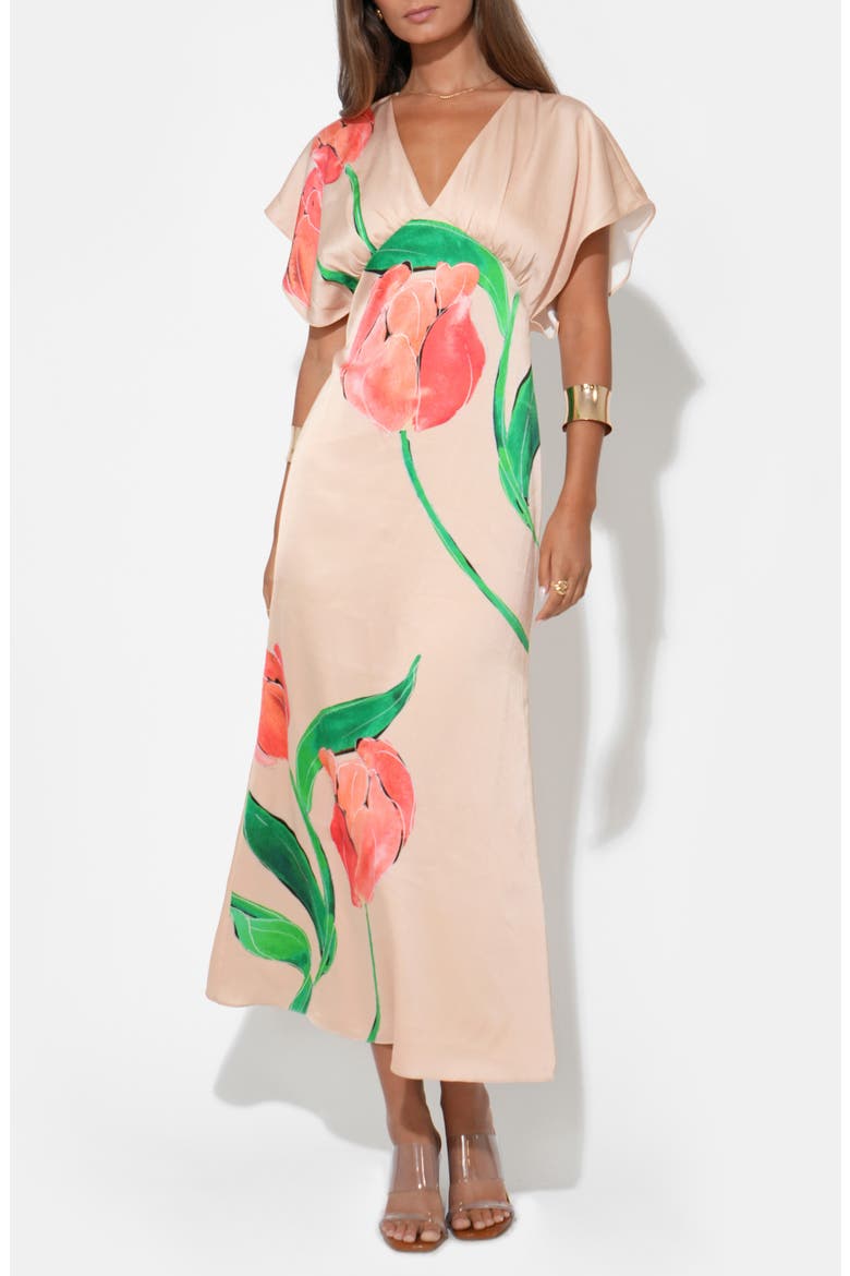 Madelyn Floral Flutter Sleeve Satin Maxi Dress, Alternate, color, FLORAL PRINT