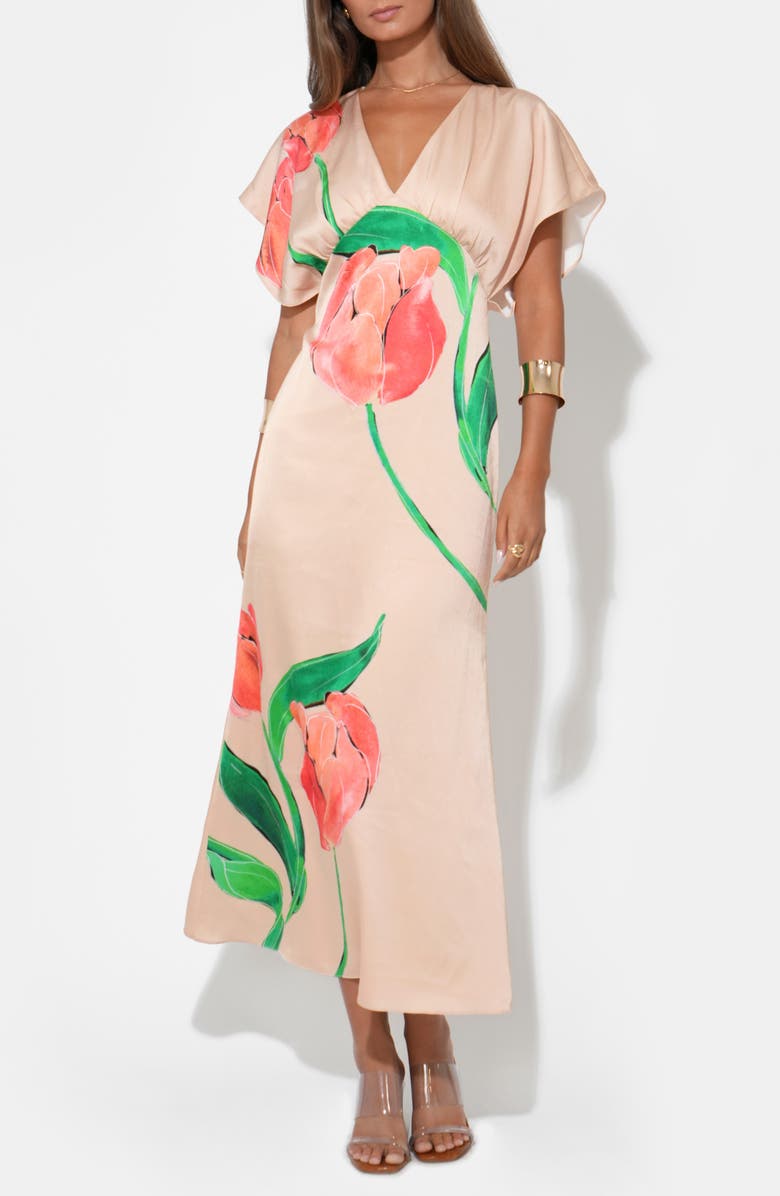 Adelyn Rae Madelyn Floral Flutter Sleeve Satin Maxi Dress, Alternate, color, Floral Print