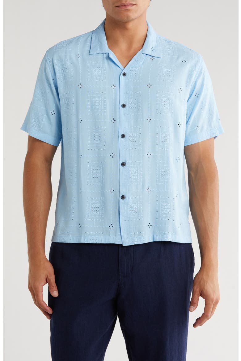 Boxy Fit Floral Eyelet Embroidered Camp Shirt, Main, color, BREEZE BLUE