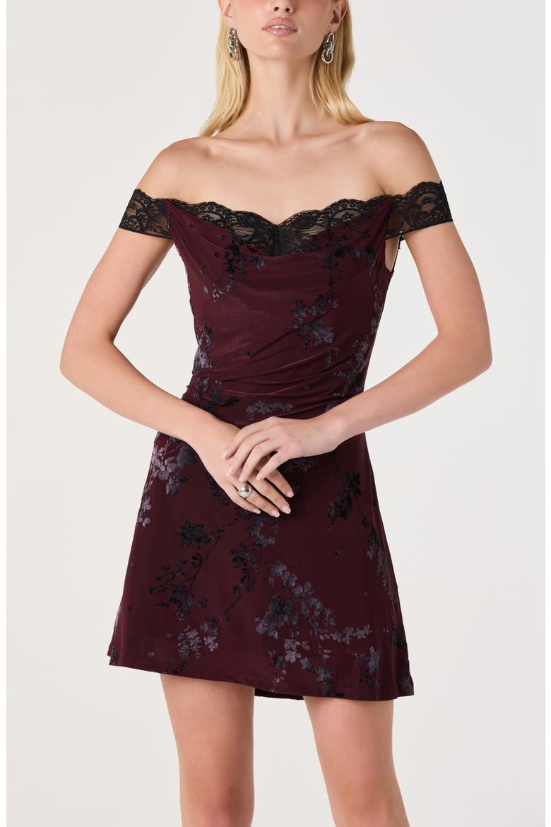Heloise Floral Lace Trim Off the Shoulder Minidress, Alternate, color, WINE BLACK FLORAL