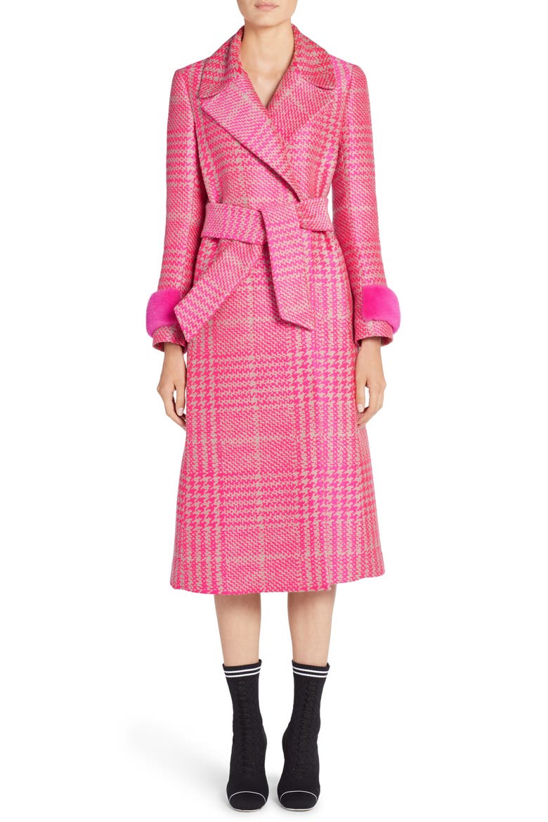 Pop Genuine Mink Fur Trim Prince of Wales Check Coat, Main, color, GLAMOUR PINK