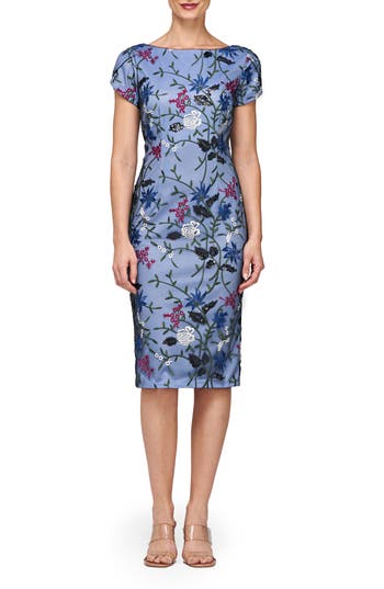 Js Collections Harmony Floral Embroidered Sheath Cocktail Dress In Navy