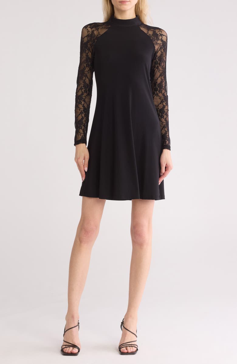 TASH AND SOPHIE Sheer Long Sleeve Lace Dress, Main, color, Black/ Black