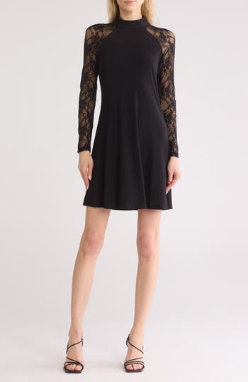 Tash And Sophie Sheer Long Sleeve Lace Dress In Black