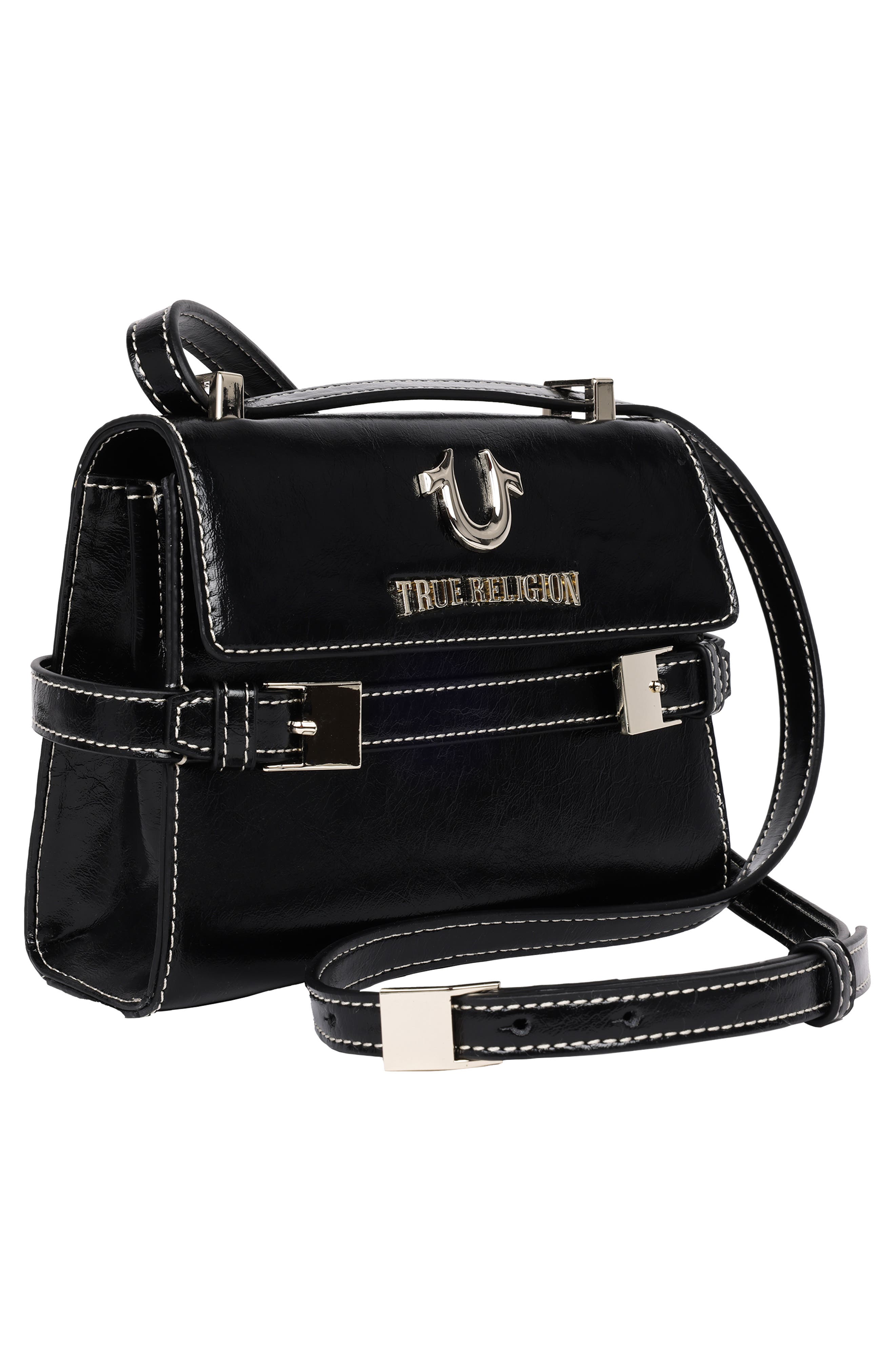 True Religion Buckle Tab Flap Crossbody Bag, Alternate, color, Black