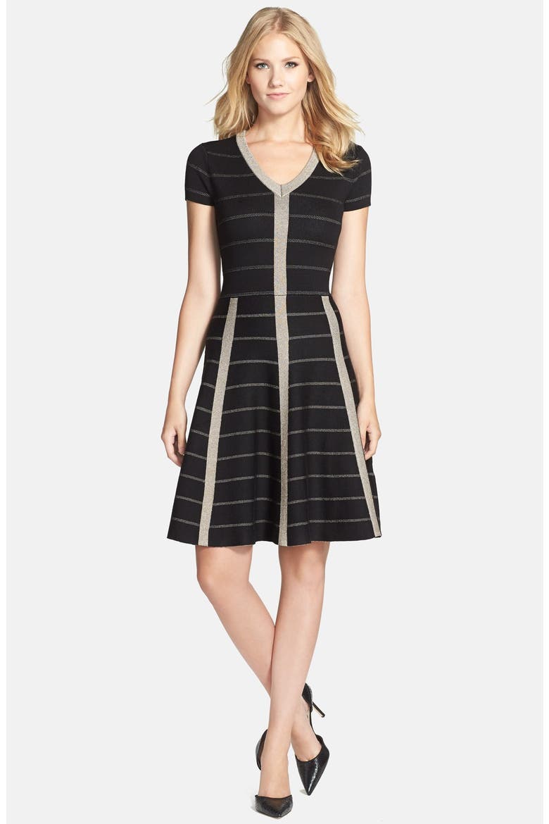 Metallic Fit & Flare Sweater Dress, Alternate, color, BLACK/ GOLD