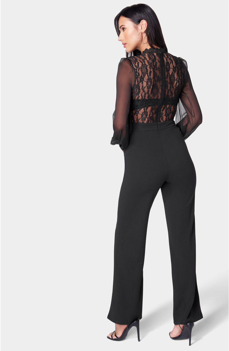 bebe Lace Top Straight Leg Jumpsuit, Alternate, color, Black