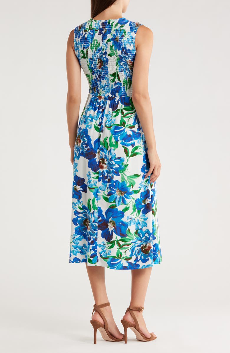 Calvin Klein Floral Smocked Sleeveless Fit & Flare Midi Dress, Alternate, color, White Multi