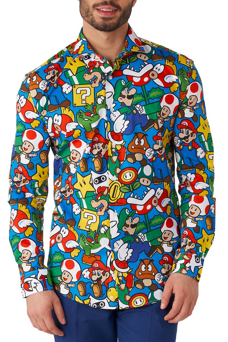 Super Mario Button-Up Shirt, Main, color, BLUE