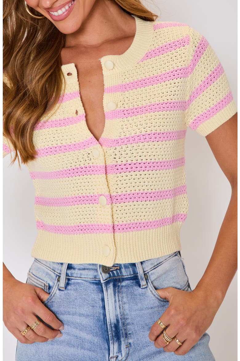 Jessica Stripe Open Stitch Short Sleeve Cardigan, Alternate, color, YELLOW/PINK