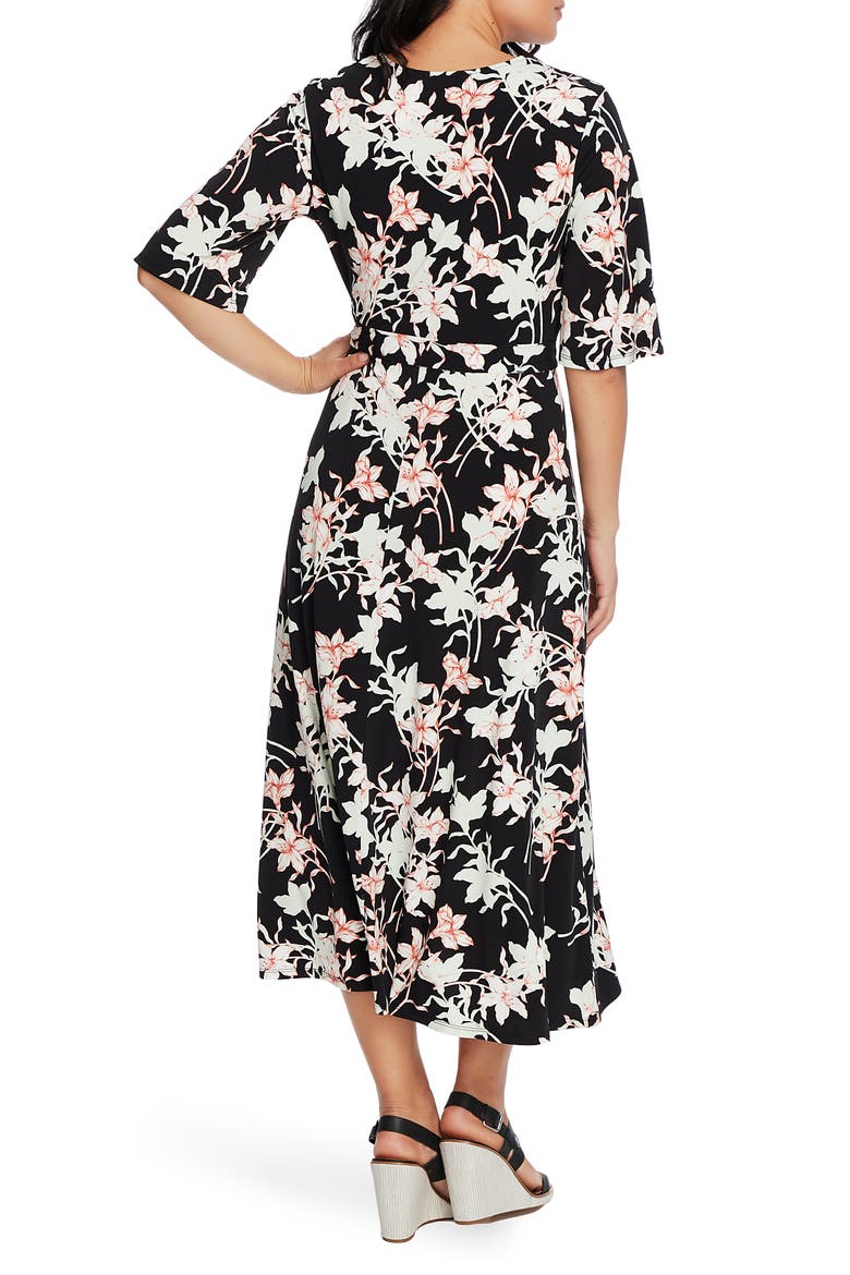Floral Wrap Front Belted Midi Dress, Alternate, color, RICH BLACK