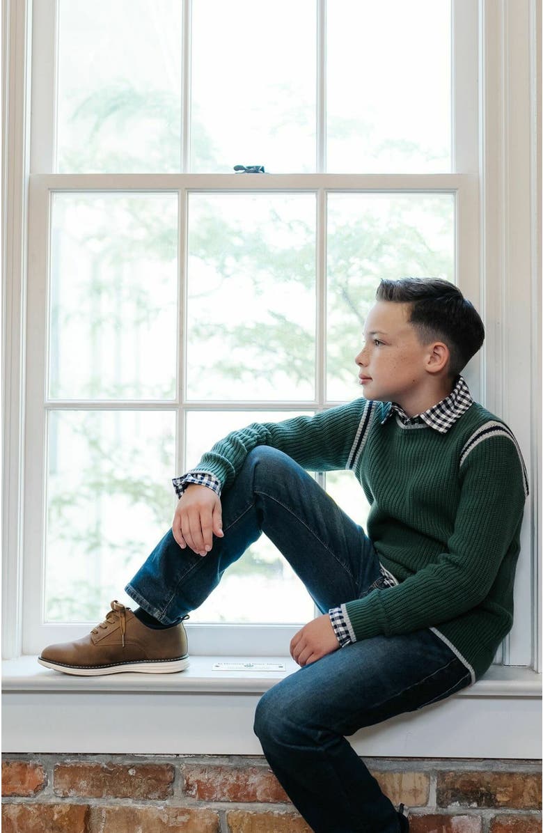 Hope & Henry Kids' Organic Long Sleeve Stretch Poplin Roll-Up Button Down Shirt, Alternate, color, Navy Gingham