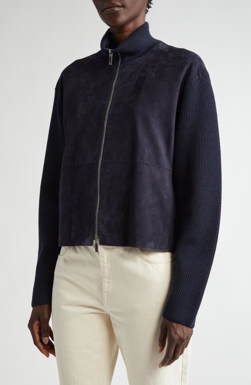 Lafayette 148 New York Suede & Wool Knit Cardigan Bomber Jacket In Ink