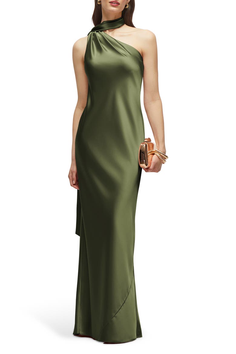 Scarf Detail One-Shoulder Satin Charmeuse Column Gown, Main, color, OLIVE GREEN
