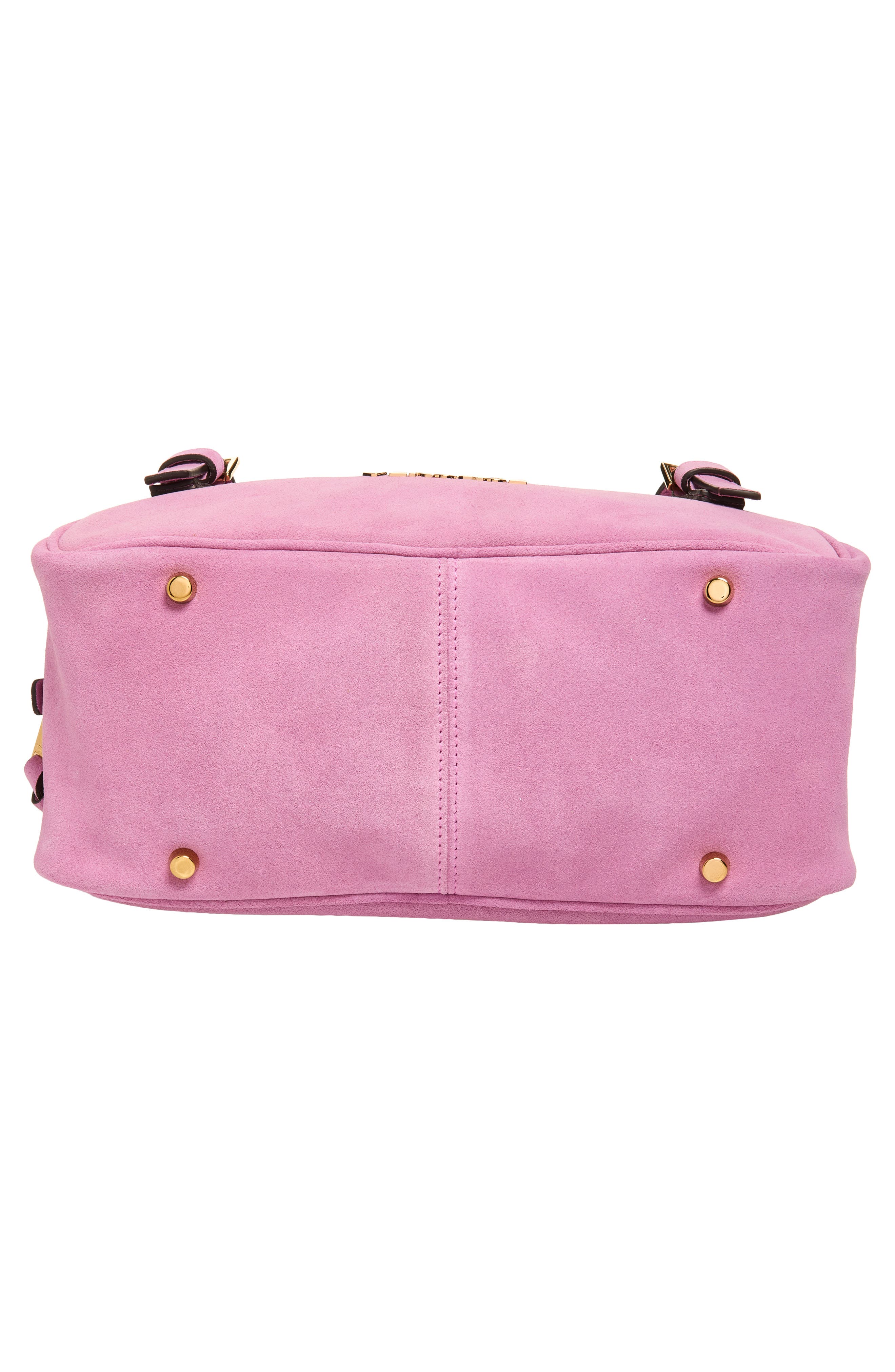 Versace Logo East/West Suede Shoulder Bag, Alternate, color, Dusty Mauve Gold