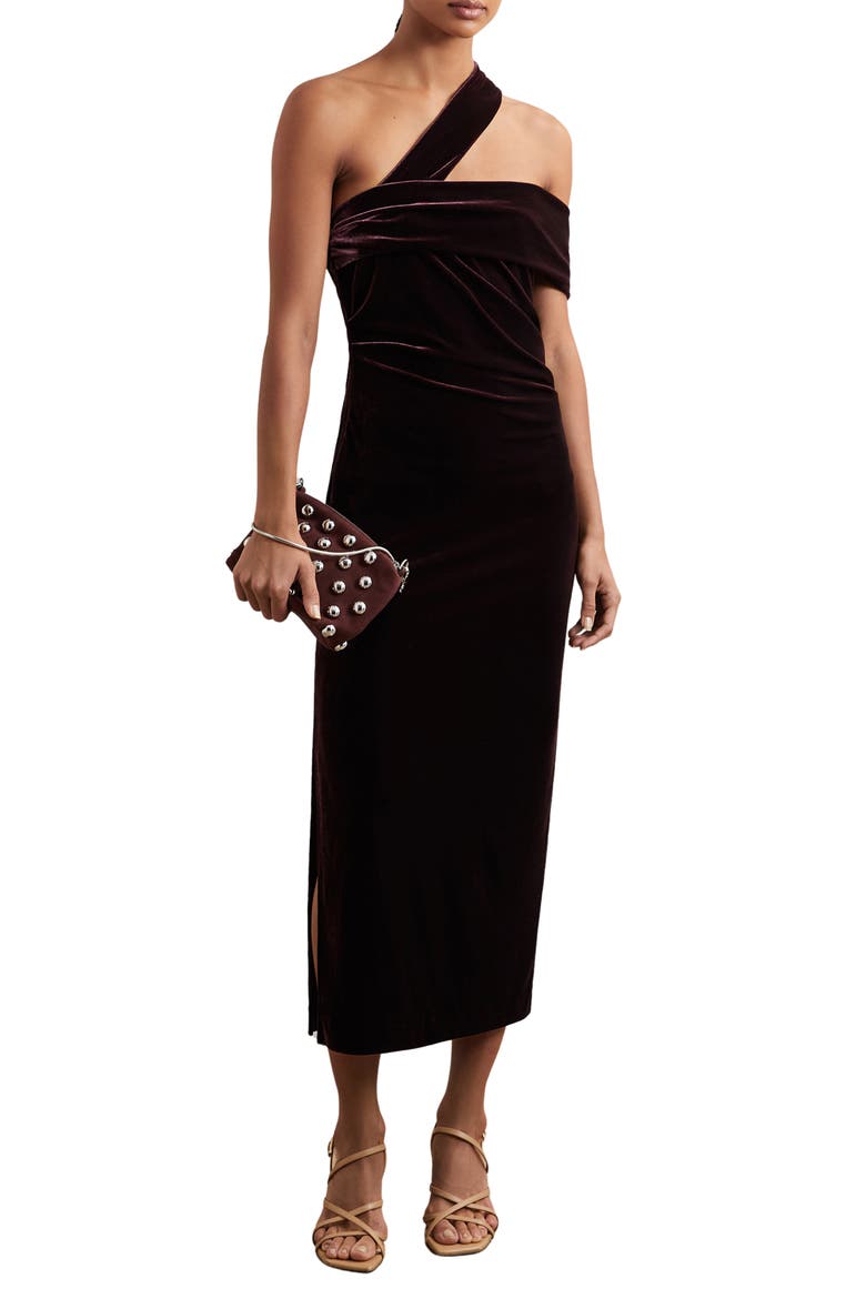 Dalia Velvet Off the Shoulder Midi Dress, Main, color, BURGUNDY