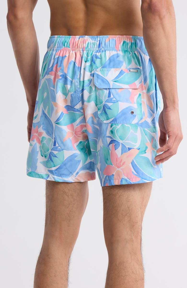 Vintage Summer Watercolor Floral Stretch Volley Swim Shorts, Alternate, color, Blue