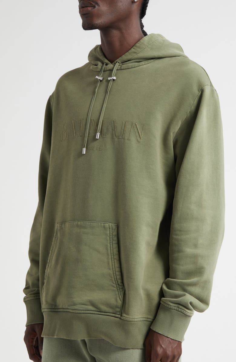 Balmain Oversize Vintage Emblem Cotton Hoodie, Alternate, color,