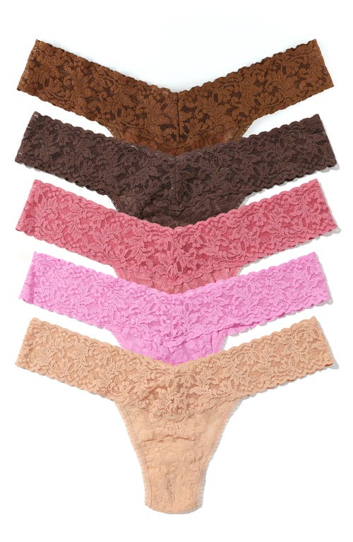 Hanky Panky Assorted 5-Pack Lace Low Rise Thongs in Coral/Pink/Brown Multi 