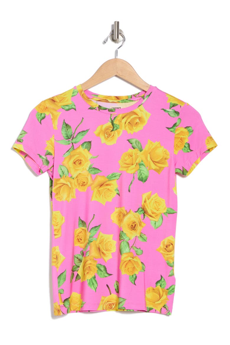 Ressi Rose Print Crewneck T-Shirt, Alternate, color, SHOCKING PINK/ YELLOW ROSES