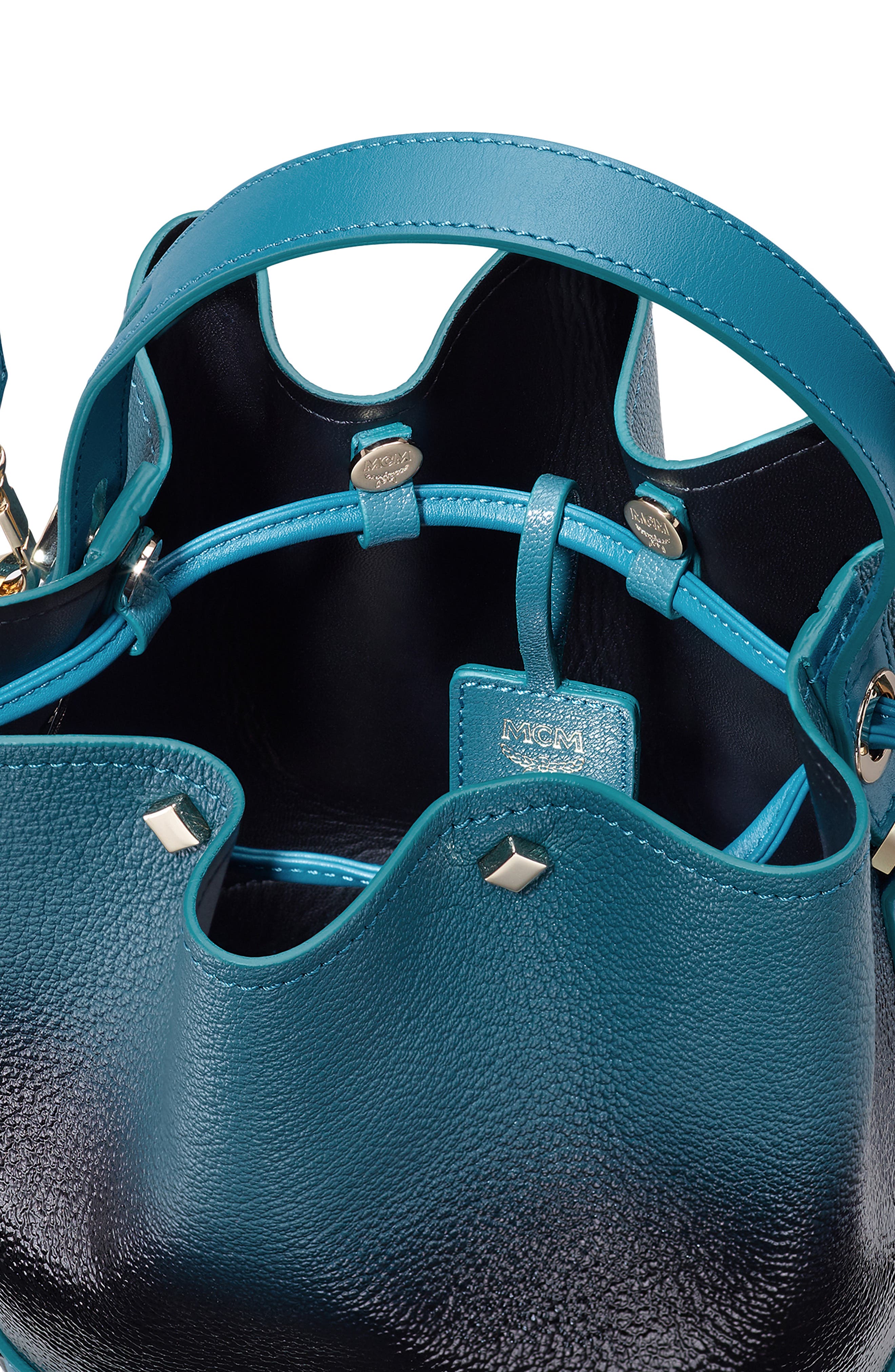 MCM Milano Logo Gradient Patent Goatskin Leather Bucket Bag, Alternate, color, 