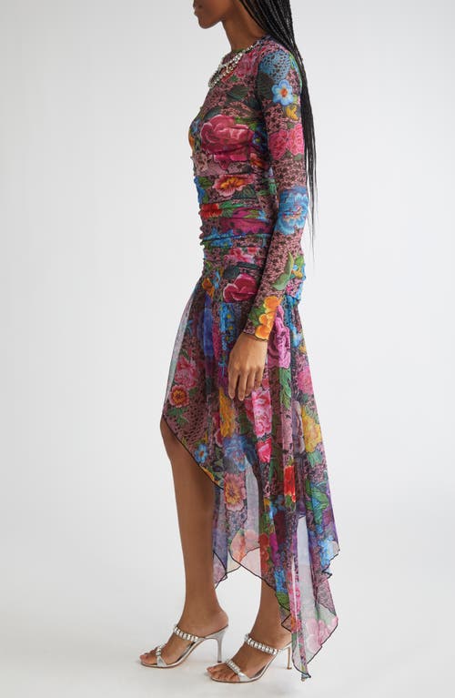 Area Crystal Embellished Floral Long Sleeve Tulle Midi Dress In Multi