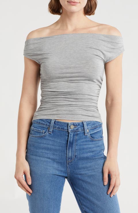 Off the Shoulder Cap Sleeve Ruched Top
