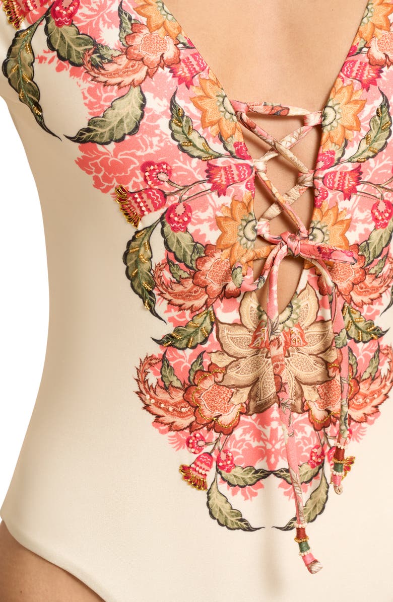 Cosita Linda Lace-Up One-Piece Swimsuit, Alternate, color, White Multi