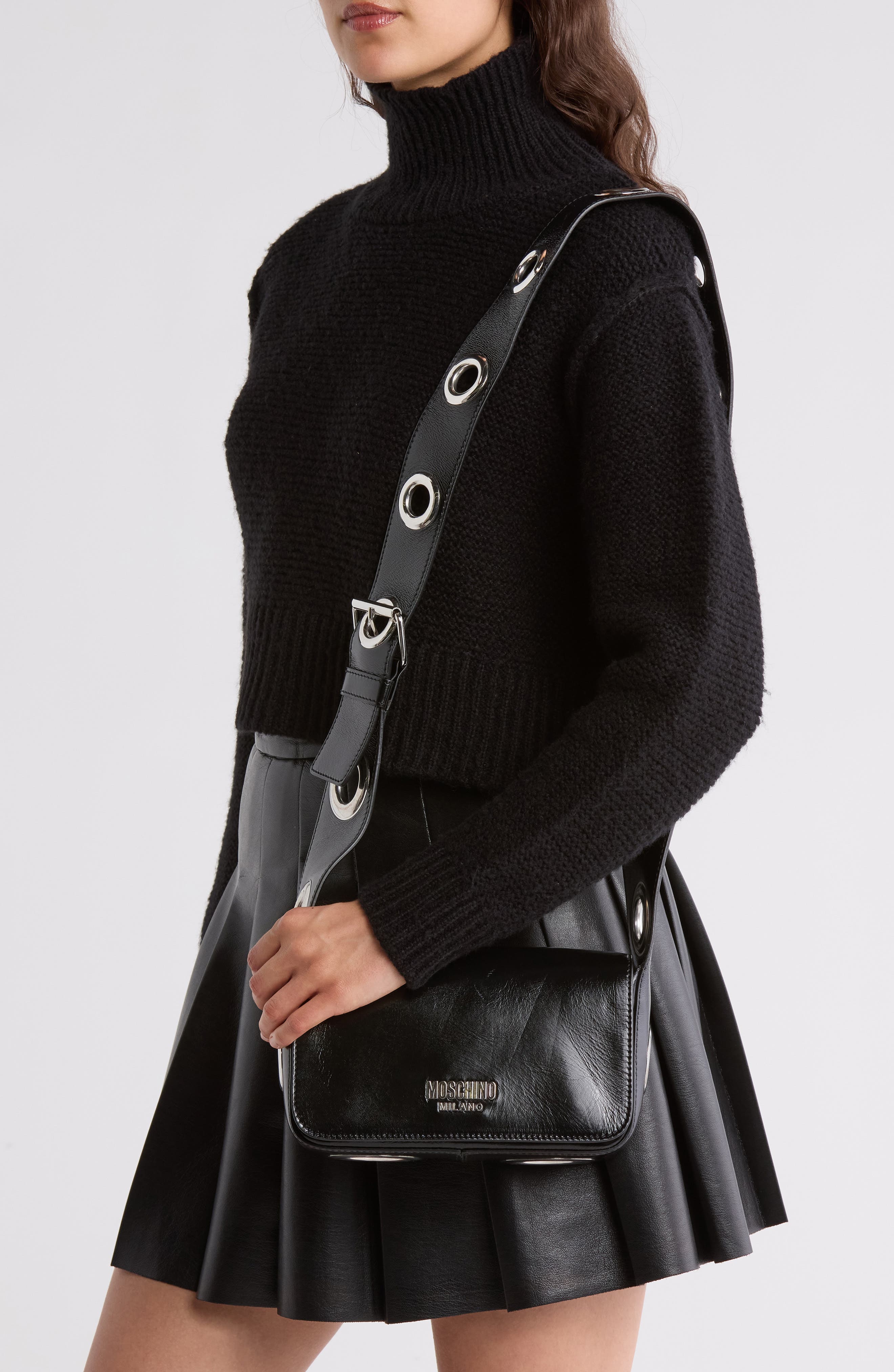 Moschino Metal Logo Crossbody Shoulder Bag, Alternate, color, 