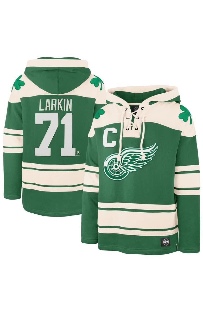 '47 Men's '47 Dylan Larkin Kelly Green Detroit Red Wings St. Patrick's Day Player Name & Number Lacer Pullover Hoodie, Main, color, Kelly Green