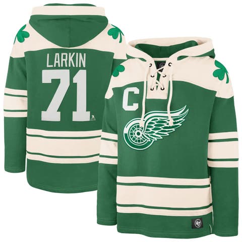 Men's '47 Dylan Larkin Kelly Green Detroit Red Wings St. Patrick's Day Player Name & Number Lacer Pullover Hoodie