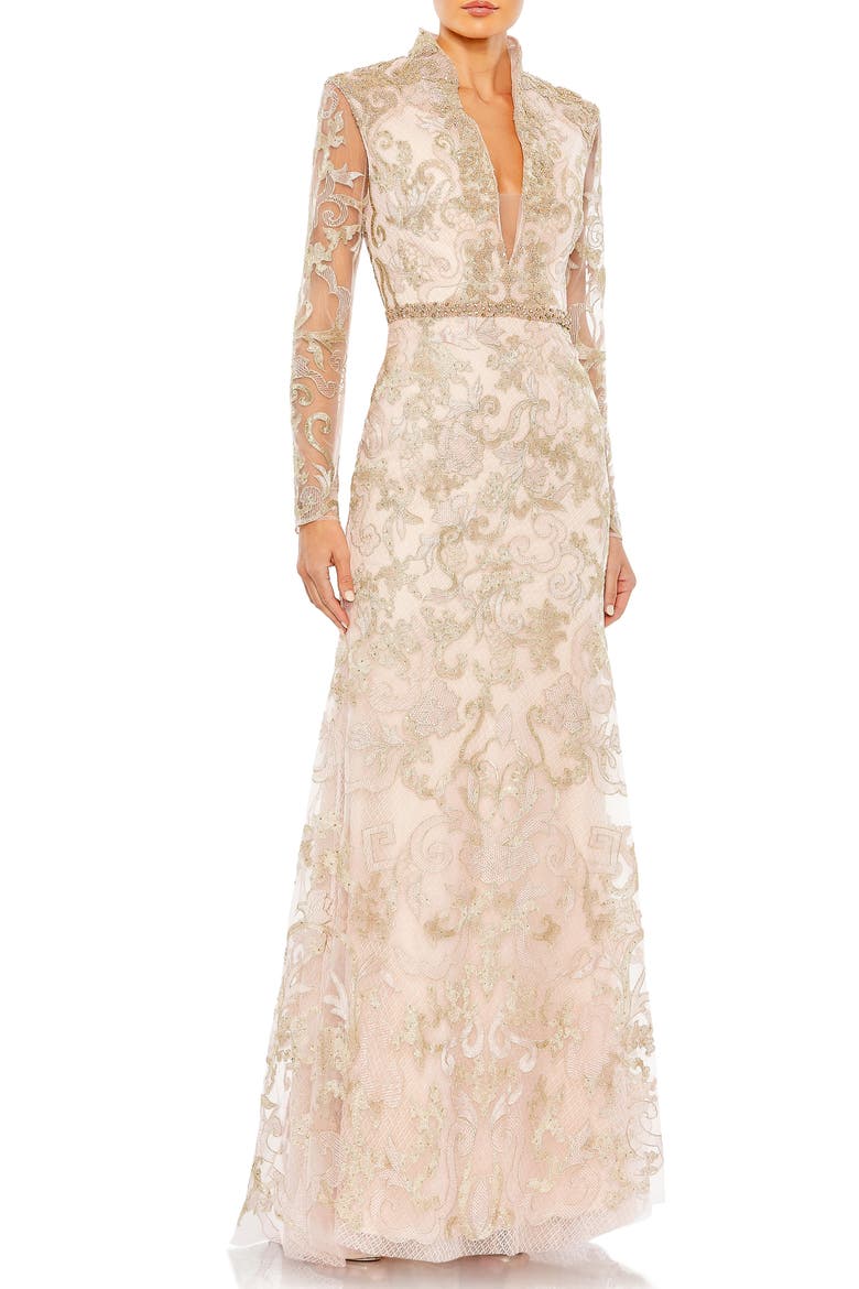 Beaded Queen Anne Lace Long Sleeve Trumpet Gown, Main, color, BLUSH