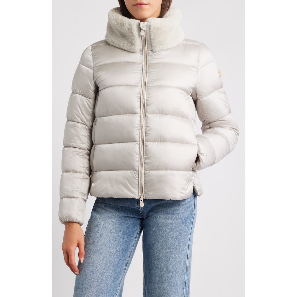 Save The Duck Mei Faux Fur Collar Waterproof Quilted Jacket In Gray