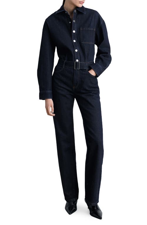 Mango Belted Long Sleeve Jumpsuit In Open Blue