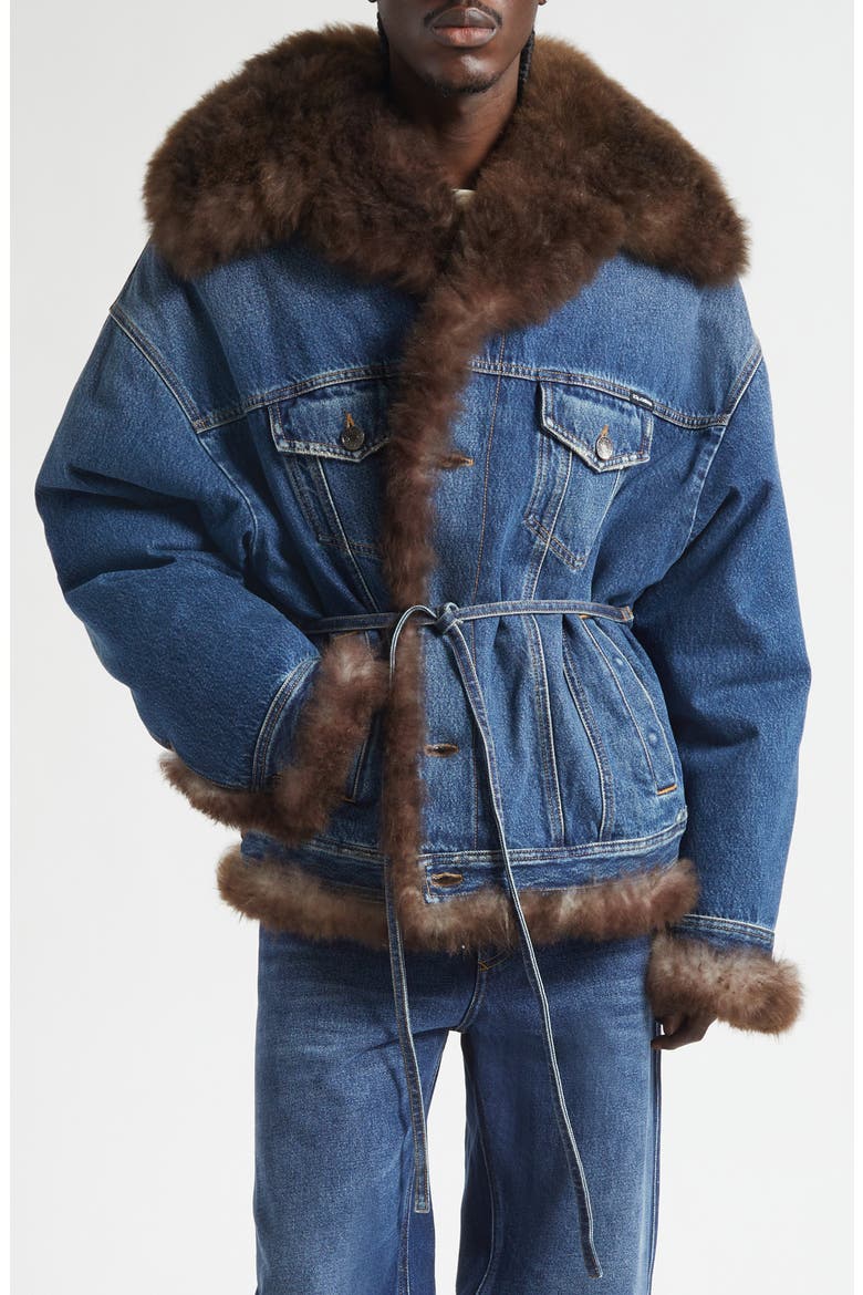 Genuine Shearling Trim Denim Trucker Jacket, Main, color, S9001 VARIANTE ABBINATA