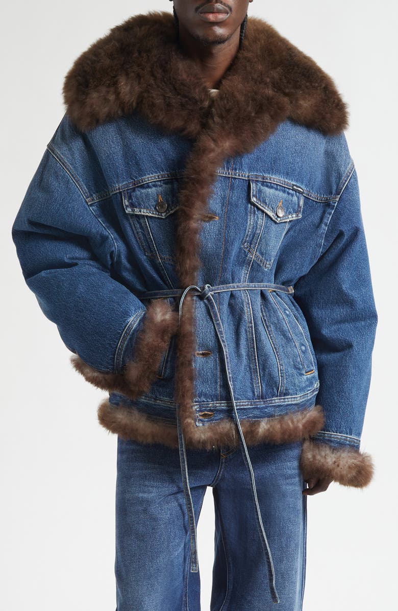 Dolce&Gabbana Genuine Shearling Trim Denim Trucker Jacket, Main, color, S9001 Variante Abbinata