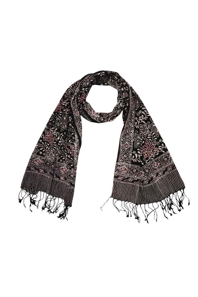 Hand Dyed Batik Scarf, Alternate, color, Black Red Floral Star