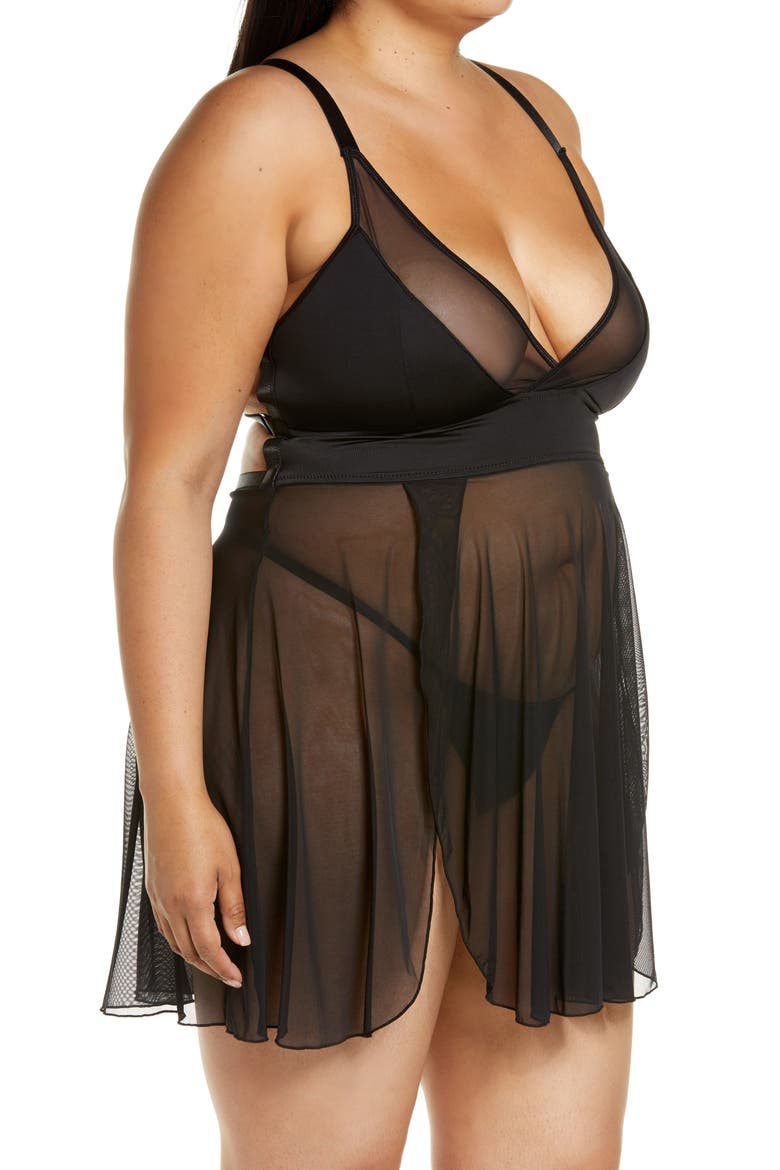 Caged Back Mesh Babydoll Chemise & G-String Thong, Alternate, color, BLACK